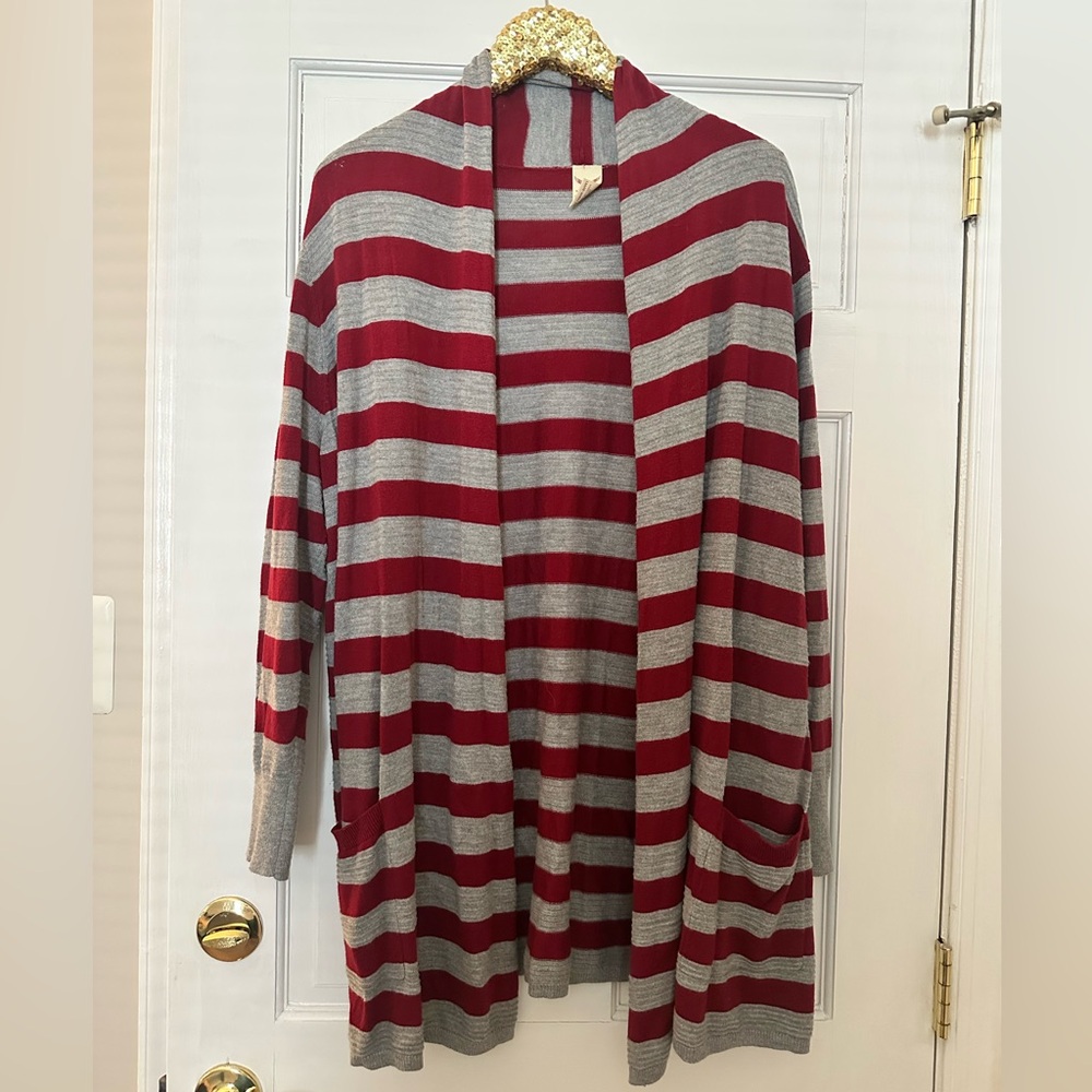 Faded Glory Striped Red and Gray Open Cardigan Sweater Size 2X